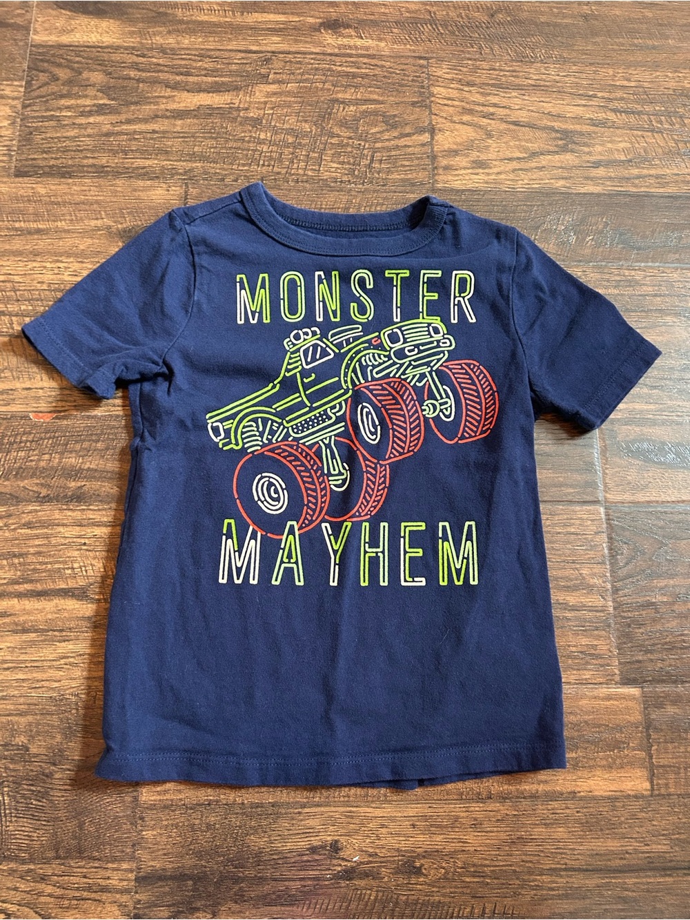 GAP Navy Tee with Neon Green and Red Monster Truck Graphic